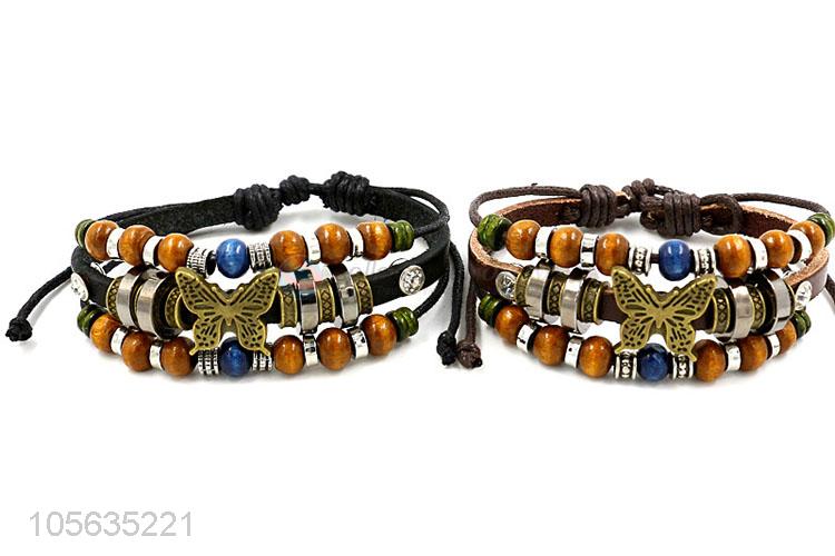 Professional supply retro leather beaded bracelet with charms