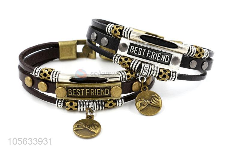 Top selling handmade mens leather bracelet with retro alloy charms