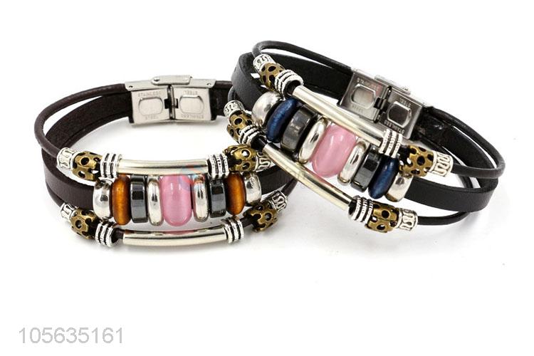 Top sale fashion charm custom men leather beaded bracelet