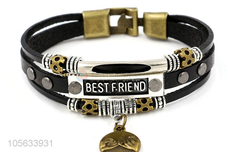 Top selling handmade mens leather bracelet with retro alloy charms