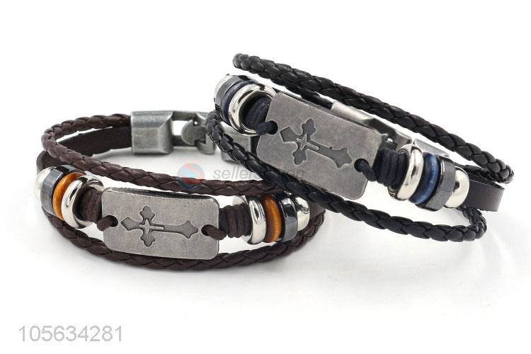 Top quality cheap handmade mens leather bracelet retro alloy braided bracelet