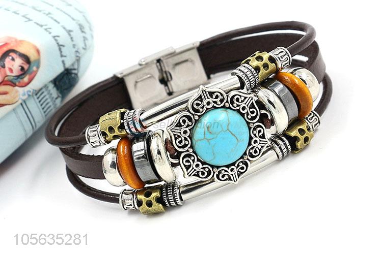Factory directly sell retro men leather bracelet with alloy charms