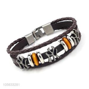 Top quality cheap multitier men leather bracelet vintage braided beaded bracelet