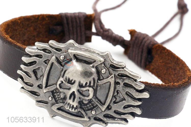 Professional manufacturer mens adjustable leather bracelet with skull charms