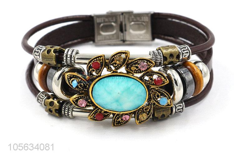 Competitive price handmade retro leather bracelet with alloy charms