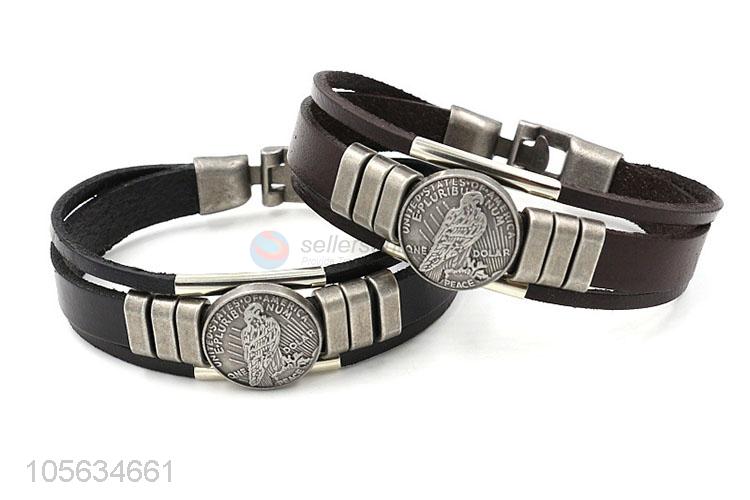 Wholesale custom handmade mens leather bracelet retro alloy bracelet