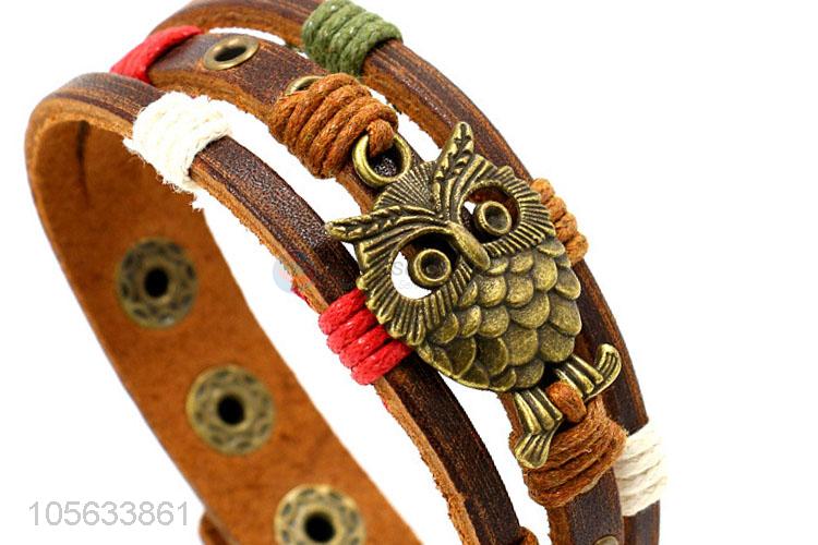 Factory OEM owl charm custom men braided leather handmade bracelet