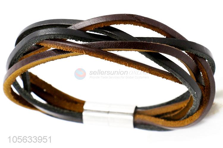 Factory directly sell multitier men braided leather bracelet with magnetic