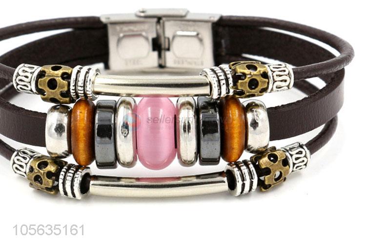 Top sale fashion charm custom men leather beaded bracelet