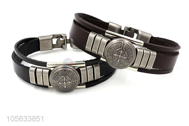 Resonable price retro punk men leather bracelet alloy charms bracelet