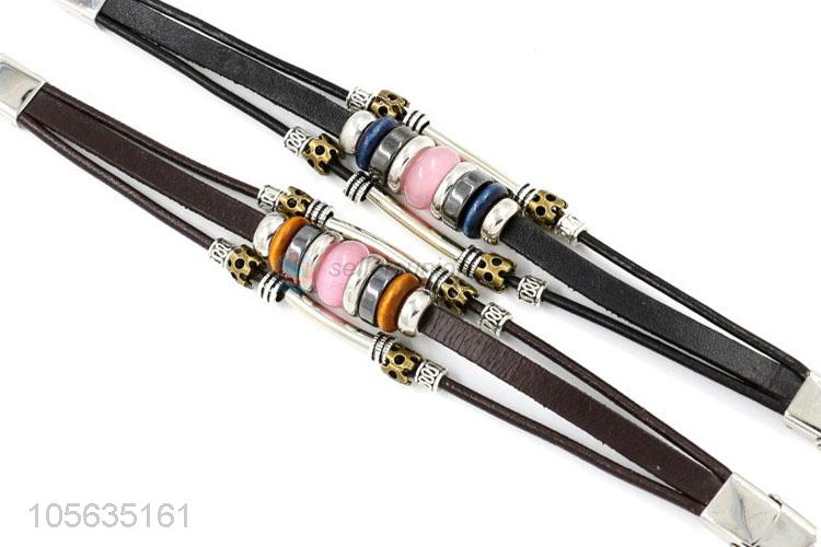 Top sale fashion charm custom men leather beaded bracelet