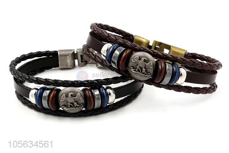 China OEM handmade mens leather bracelet retro alloy braided bracelet