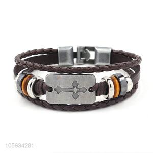 Top quality cheap handmade mens leather bracelet retro alloy braided bracelet