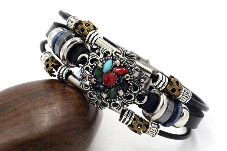 Factory OEM handmade mens leather bracelet retro alloy bracelet