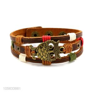 Factory OEM owl charm custom men braided leather handmade bracelet