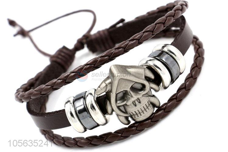 Professional mens favor handmade retro braided bracelet with skull charms