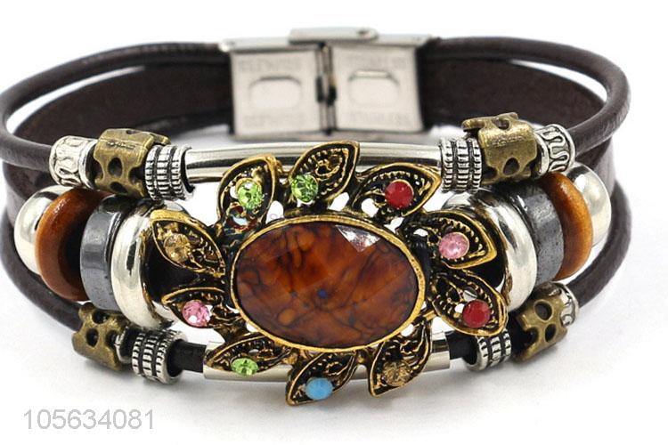 Competitive price handmade retro leather bracelet with alloy charms