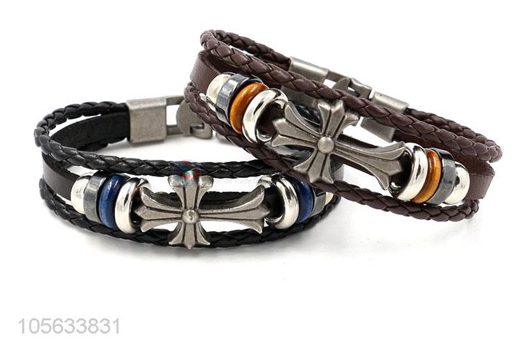 Top sale handmade mens leather bracelet retro alloy braided bracelet