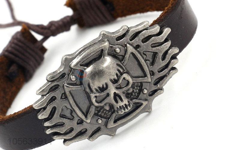 Professional manufacturer mens adjustable leather bracelet with skull charms