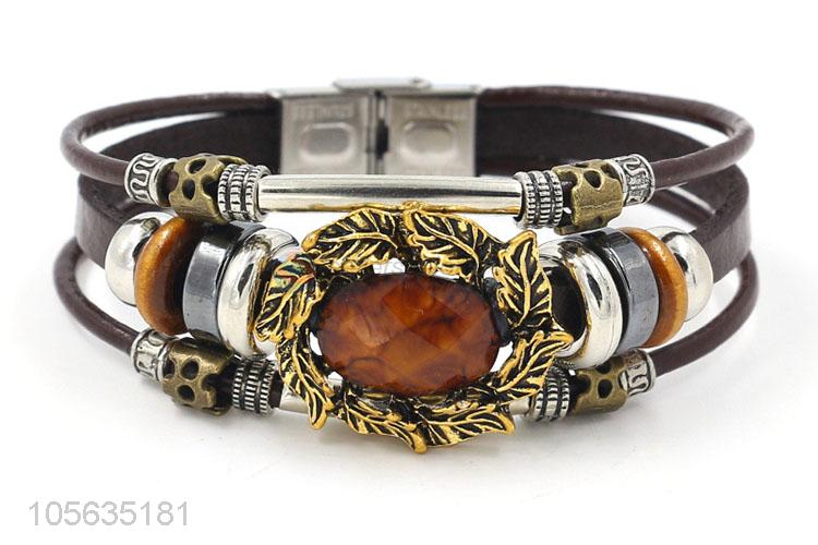 Resonable price multilayer leather bracelet retro charms bracelets