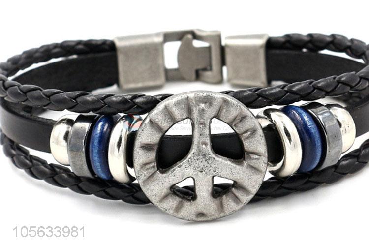 Factory sales handmade mens leather bracelet retro alloy braided bracelet