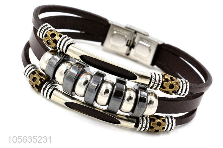 China maker handmade retro multilayer leather beaded bracelet for men