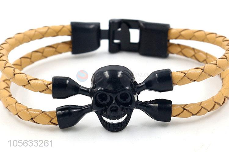 Promotional cheap handmade mens braided retro alloy skull bracelet