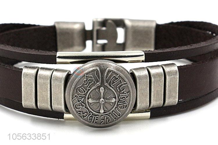 Resonable price retro punk men leather bracelet alloy charms bracelet