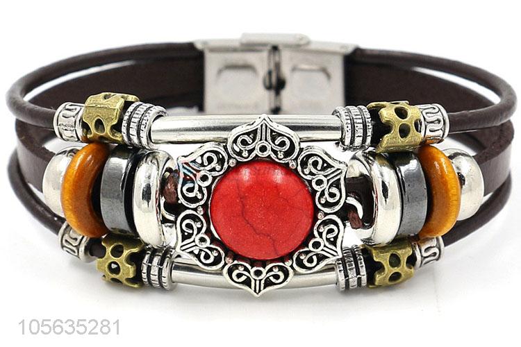 Factory directly sell retro men leather bracelet with alloy charms