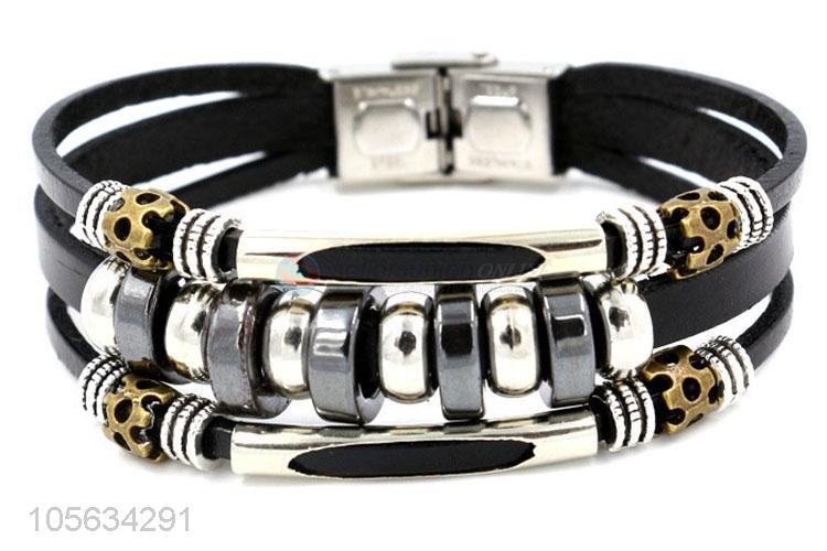 Hot selling mens retro handmade leather bracelets beaded bracelet