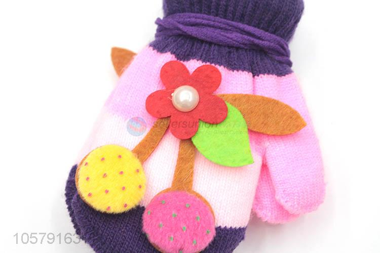 Hot Selling Applique Embroidery Warm Gloves With Rope For Children