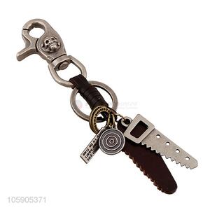 Top quality retro alloy saw pendant weaving leather key chain