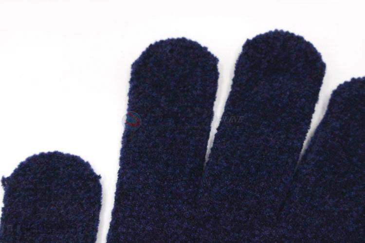 Top quality blue chenille warm soft knitted gloves