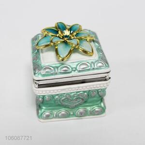 Best Sale Ceramic Square Shape Jewelry Box with Ceramic Flower on The Lid