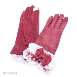 Good Quality Fur Suede Gloves With Bowknot For Women