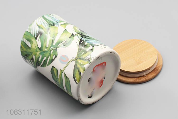 Superior quality green leaf printing ceramic storage jar