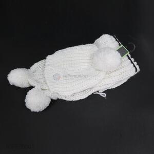 Suitable price white winter warm knitting scarf and hat set