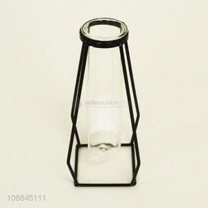 New design table decoration clear glass vase with metal stand