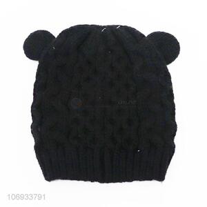 New design women black acrylic knitted cap with ears