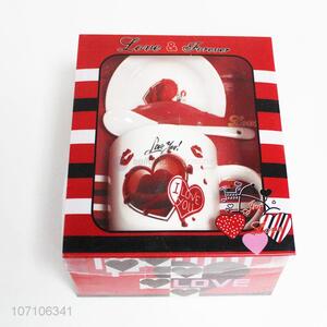 Wholesale popular heart decal ceramic cup set with saucer and spoon