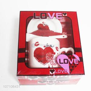 Good sale heart decal ceramic cup set with saucer and spoon