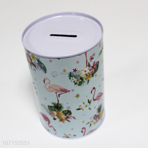 Hot sale exquisite flamingo & flower printed iron money box tin coin bank