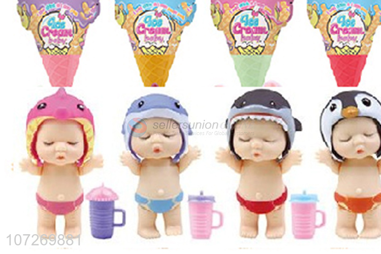 Best sale can drink water and pee 3.5 inch vinyl sleeping baby doll with feeding bottle and sea animal cap