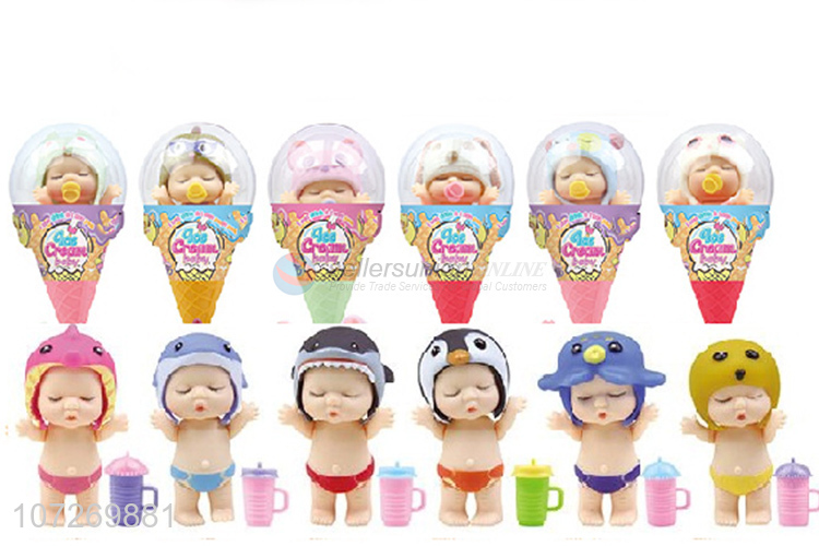 Best sale can drink water and pee 3.5 inch vinyl sleeping baby doll with feeding bottle and sea animal cap
