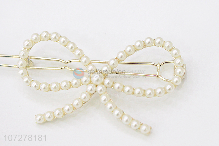 Good Quality Bowknot Shape Pearls Hairpin Frog Buckle Clip