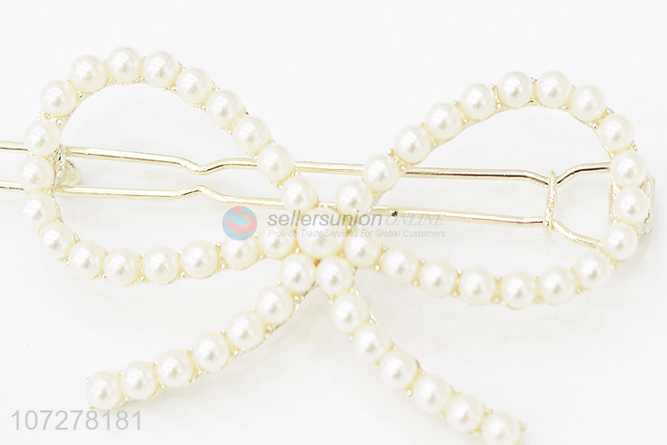 Good Quality Bowknot Shape Pearls Hairpin Frog Buckle Clip