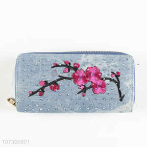 Superior quality denim fabric embroidered ladies purse women wallet