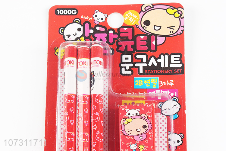 Factory Price Wooden Pencils With Cute Erasers Stationery Set