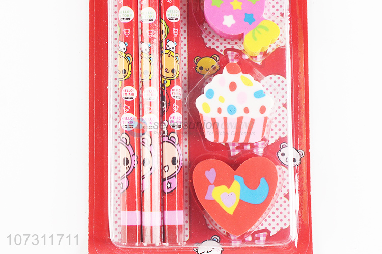 Factory Price Wooden Pencils With Cute Erasers Stationery Set