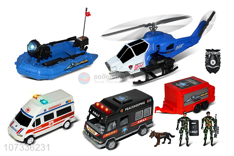 Inertial Helicopter Static Rubber Boat Special Police Ambulance Play Set